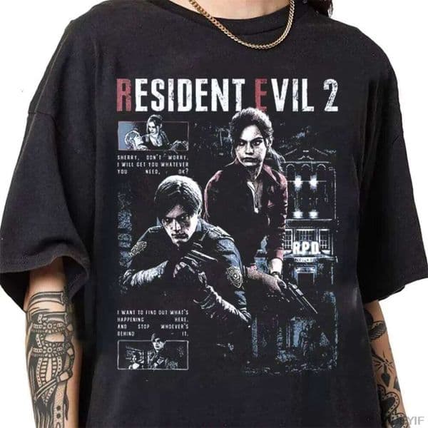 Resident Evi 2 Biohazard Game T-shirt for Men and Women Leon Kennedy 100 Cotton Tee Short Sleeve Shirt Fashion Streetwear Top