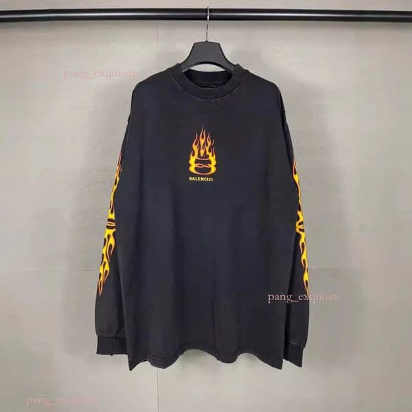 Autumn Winter Double Ring Flame Direct Injection Printed Long Sleeve Casual Loose Couple Matching T-Shirt