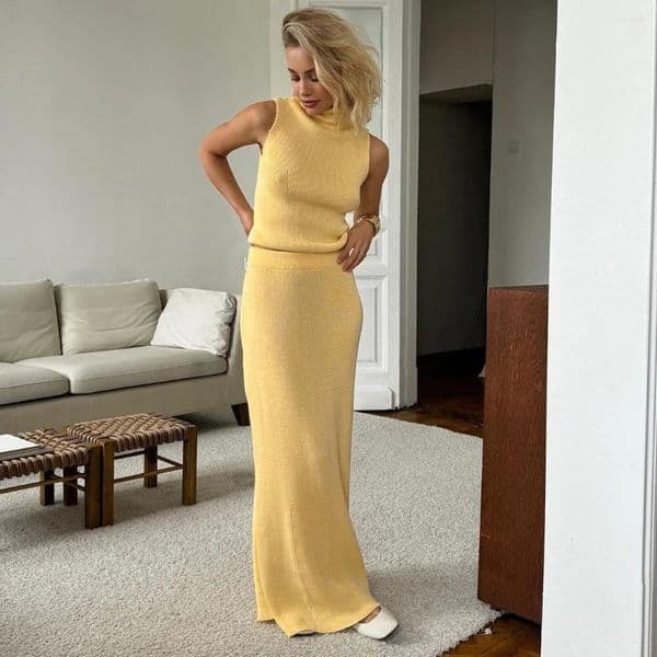 Casual Dresses Tuularose Elegant Long Skirt Two-piece Set Women's Sleeveless Knitted Turtleneck Vest Slim 2026 Fashion thumbnail 2