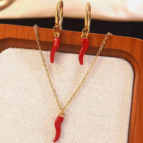 temus bestselling stainless steel chili necklace earrings stylish and versatile fruit series jewelry set wholesale