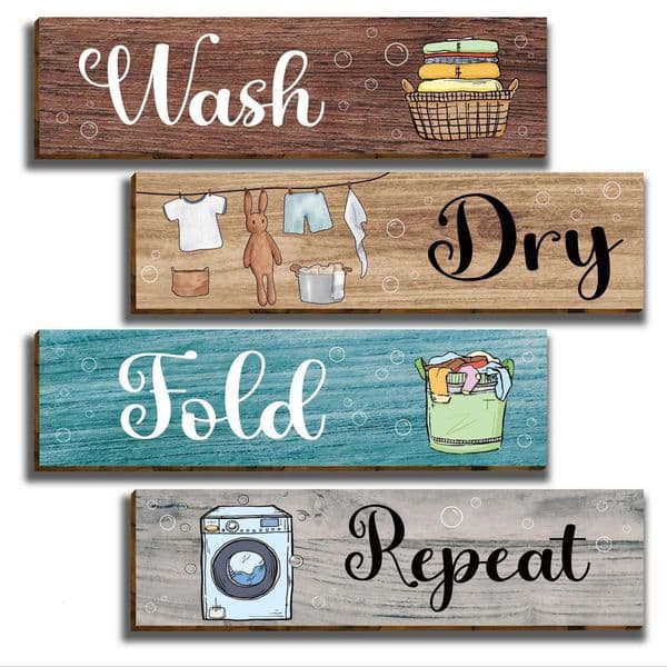 4 Pcs Laundry Room Wall Sign Rustic Rules Hanging Wooden Wash Dry Fold Repeat Plaque Vintage Farmhouse 260512