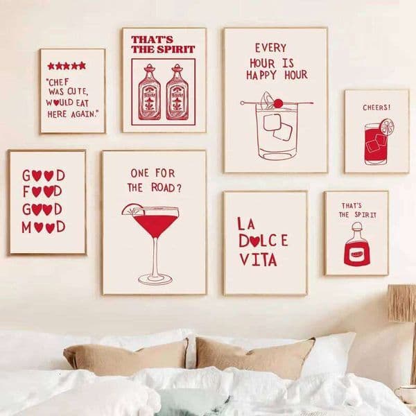1pc Minimalist Cooking Art Poster Cocktail Drinking Heart Red Quotes Canvas Print Home Kitchen Living Room Decor 26W05012