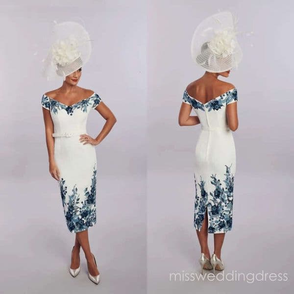 Sheath House Of Mooshki Mother of The Bride Dress Off Shoulder Short Sleeve Satin Applique Sash Wedding Guest Dresss Tea Length Evening Gown