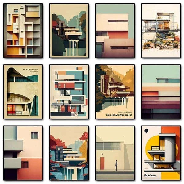 Minimalist Fallingwater House Bauhaus Classic Architecture Abstract Poster Canvas Painting Wall Art Pictures Living Home Decor 26W05012
