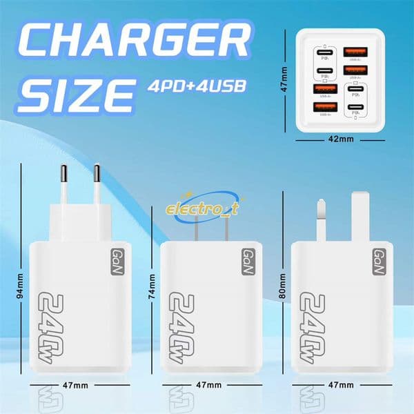 Multiple interfaces GAN 240W USB Type C PD Wall Fast Charging 4PD 4USB Charging Charger for iPhone Samsung EU US Plug phone Charger Power Adapter with Retail Box