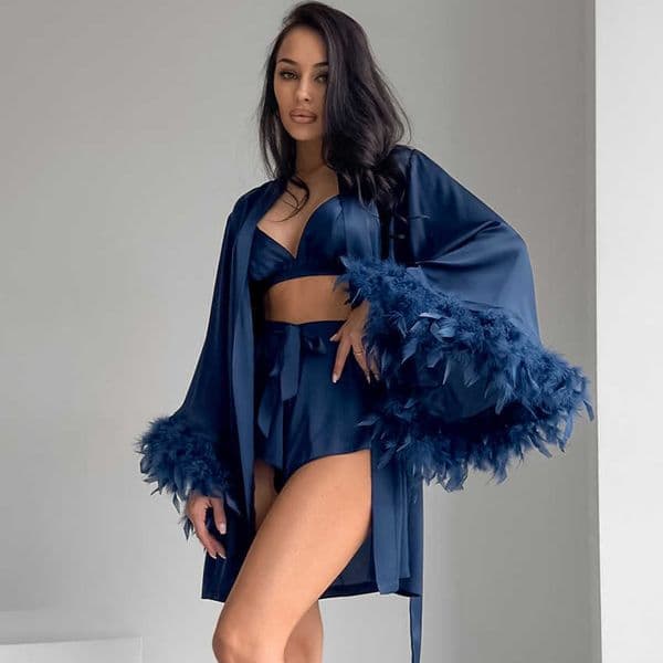 New style three-piece lingerie set with shorts and robe faux silk home wear spring satin feather pajamas for women L260512GZ6A