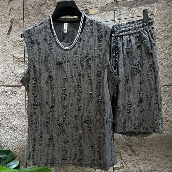 Mens Sleeveless T-Shirt Shorts Set O-Neck Casual Hollow Tank Top Shorts hole Hollow Quick Male Breathable Vest 2 Piece Set 260511