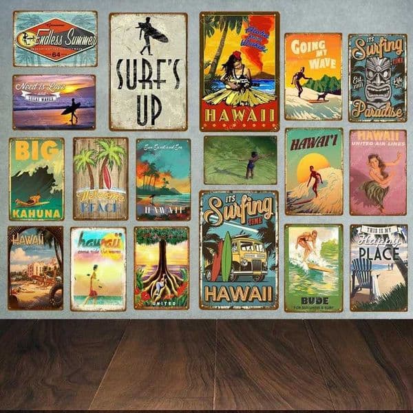 Vintage Hawaii Surfs Up Beach Welcome Metal Tin Sign Ocean Poster for Cafe Bar Outdoor Decor Home Wall Decoration T260512