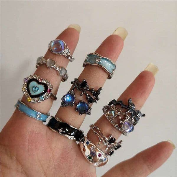 Y2K Kpop Crystal Heart Star Adjustable Irregular Geometry Punk Vintage Harajuku Rings Set For Women Girl Fashion Grunge Jewelry J260512