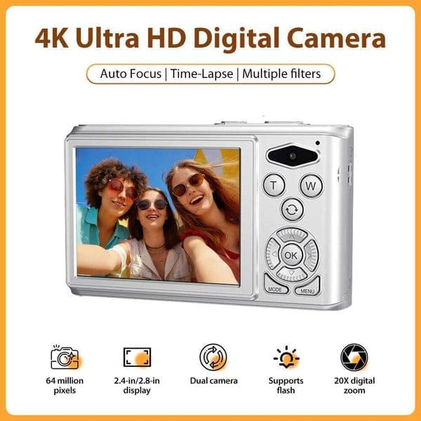 4K 64MP Autofocus Digital 20X Zoom Dual Camera, Portable Point and Shoot Camera with Flash, for Beginners, Teens, Travel 26L0512