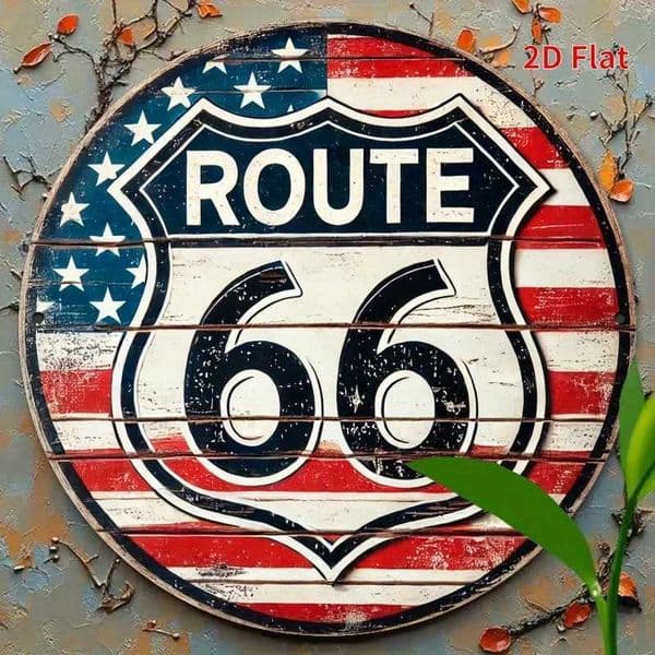 2D Flat Vintage Route 66 Round Metal Sign - American Flag Design with Stars Stripes Weather-Resistant Iron Wall Door Decor T260512