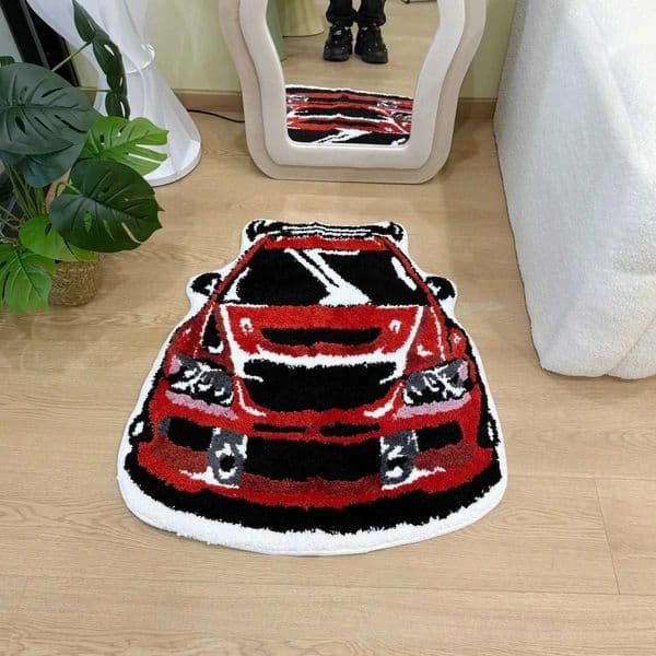 Cool Red Sports Car Shaped Shag Rug - Fluffy Flocked Vehicle Carpet Soft Anti-Slip Floor Mat for Home Decor T260512