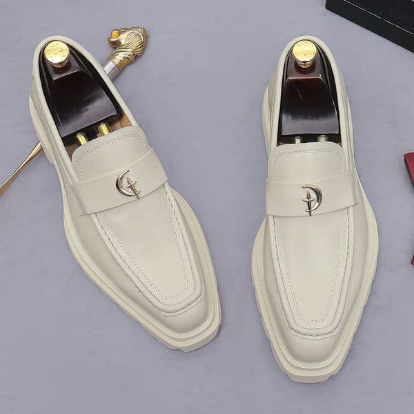 Men's Beige Leather Loafers Platform Thick Sole Slip-On Dress Shoes Moon Star Metal Buckle Casual Business Footwear