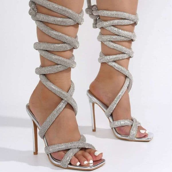 Cross Border High Heeled Sandals With Ankle Rhinestone Straps And Pendants Square Toe Single Strap Cm Stiletto Heel For Women