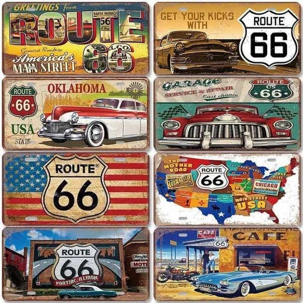 Vintage Metal Tin Sign Decor Route 66 License Sign Plaque Motorcycle Car Metal Poster Plate Wall Decor for Garage Bar Motor Club T260512