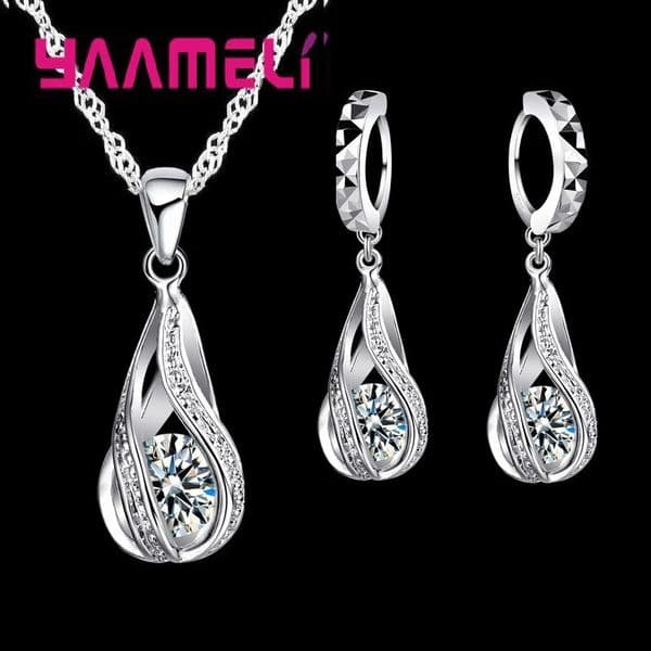 Water Drop CZ 925 Sterling Silver Jewelry Set For Women Pendant Necklace Hoop Earrings Wedding Party Ceremoey Anel 260512