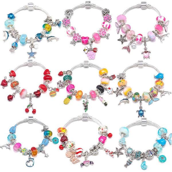 Korean-style hot-selling fashion womens bracelet with ladybug and bee pendants pink foot-shaped beads gift for best friends and couples L260512GC9H