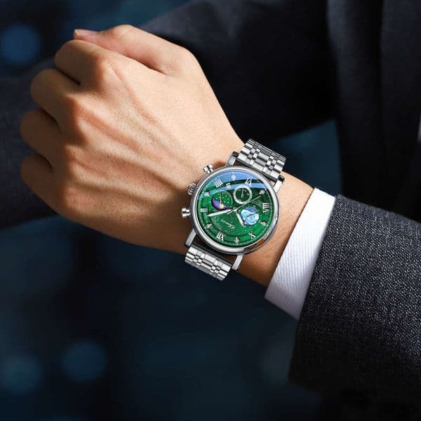 Luxury star moon phase quartz watch, diamond inlaid chronograph watch, multifunctional calendar night light waterproof leather strap, business casual watch