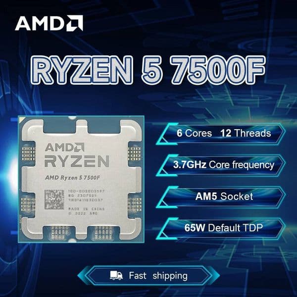 NEW AMD Ryzen 5 7500F 37GHz 5NM L332M Processor 65W Socket AM5 6-Core 12-Thread R5 7500F DDR5 but without fan