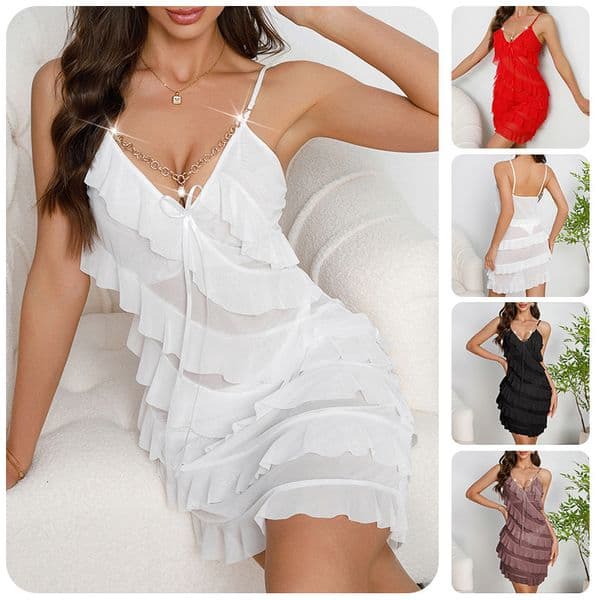 Designer 2026 Multi-layer Ruffled Nightdress Mesh Strap V-neck Pearl Pendant Decoration Multi-color Luxury Women's Nightwear Free Shipping