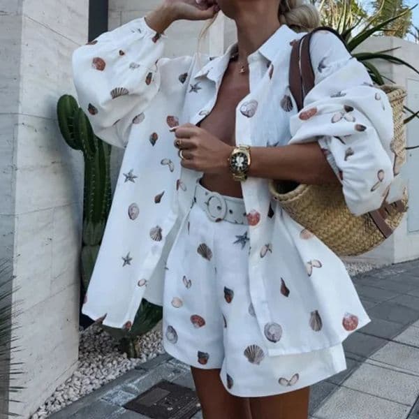 Loose Beach Outfits Women Group Of Pants Suit Ladies Shell Print Button Long Sleeve BlouseShorts Set Summer Elegant Two Piece 260507