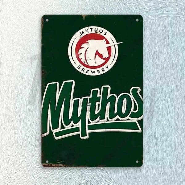 Mythos Brewery Vintage Metal Tin Sign - Rustic Green Wall Art with Pegasus Durable Decor for Home Office Cafe Bar Gara T260512