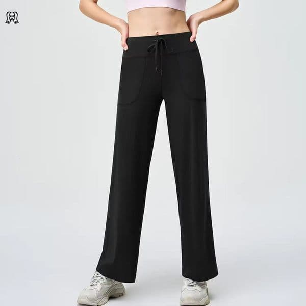 lucky dog yoga High waisted drawstring loose wide leg solid color fitness pants