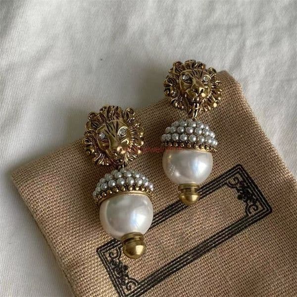 gg earrings Luxury designer lion head charm earrings for women 14k gold vintage pearl pendant earrings for wedding party birthday gift jewelry
