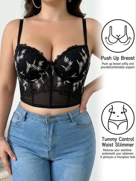 Plus Size Floral Embroidered Lace Bustier Bra Push Up Tummy Control NonSlip Corset Top 260512
