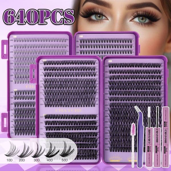 Lash Clusters Fluffy Wispy - 640Pcs Volume DIY Individual Eyelashes Soft Lightweight Easy to Apply, Reusable DIY Eyelash Extension Kit with Lash Bond and Seal