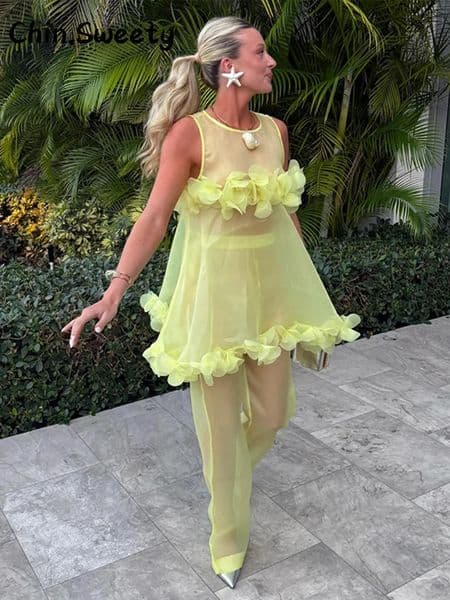Sexy Womens Three-dimensional Mesh Flower Pant set Perspective Sleeveless Top Loose Pants 2026 Spring Summer Beach Party Suit 260512
