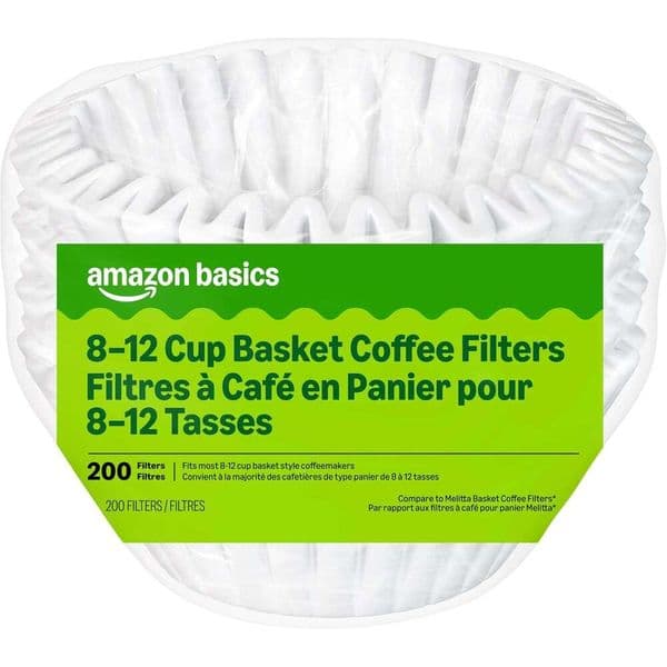 Amazon Basics Basket Filters for 8-12 Cup Coffee Makers, White, Compostable, 200 Count