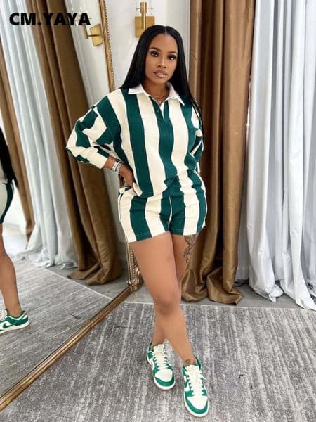 CMYAYA Striped Womens Set Pleated full Sleeve Turn-down Collar Polo-t-shirt and Shorts Two 2 Piece Sets Outfit Tracksuits 260512
