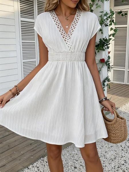 Casual Dresses French Lace V-neck Fitted Dress With Waistline And Short Sleeves. Striped Texture Skirt Vertical Lines. Beach-st