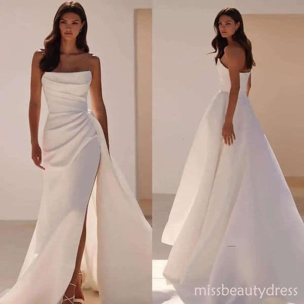 Milla Nova Boho A Line Dress For Bride Strapless Satin Country Wedding Dresses Backless Pleats Vestidos De Novia Split Bridal Gowns 0515