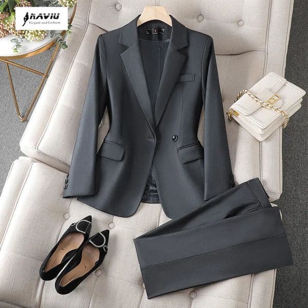NAVIU Gray Suits Women Autumn Fashion Temerament Professional Long Sleeve Slim Blazer And Pants Sets Office Lady Work Wear 260511