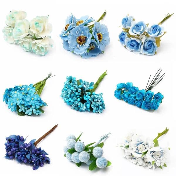 6101250607090144Pcs Mix Blue Flower Cherry Stamen Berries Bundle DIY Christmas Wedding Cake Gift Box Wreaths Decoration 260512