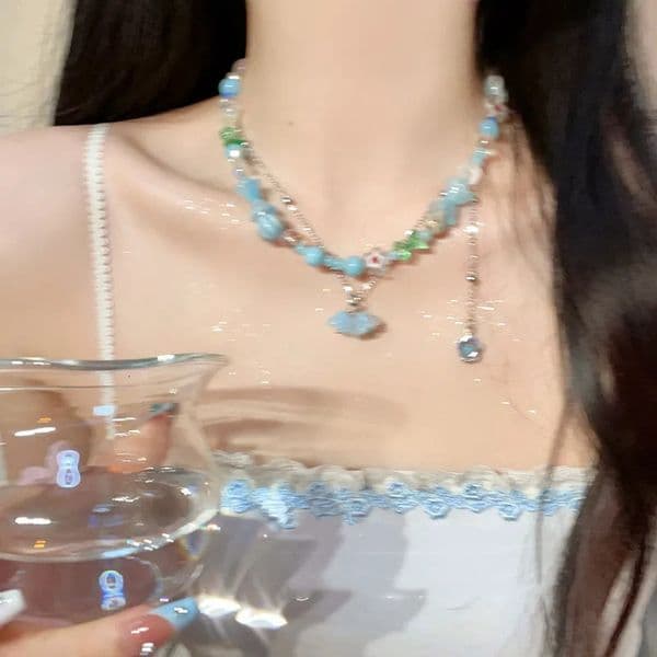 Blue Dopamine Flower Necklace 2025 New Popular Design Layered Beaded Collarbone Chain for Women