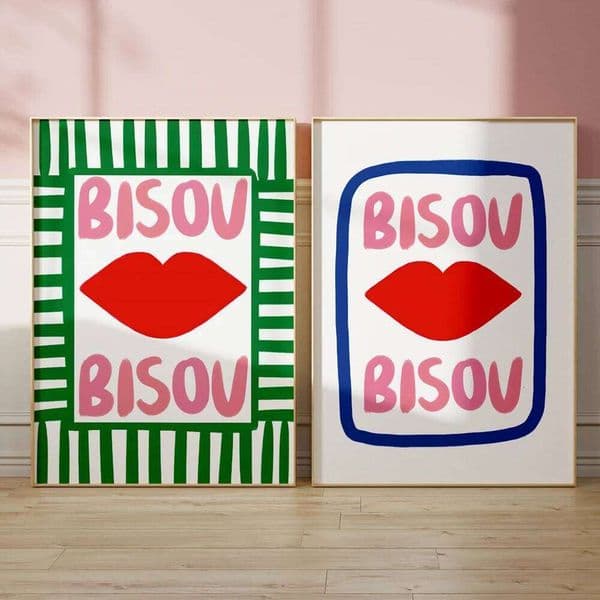 Maximalist Eclectic Pink French Quotes Bisou Bonjour Bonne Nuit Wall Art Canvas Painting Posters Living Room Home Decor 26W05012