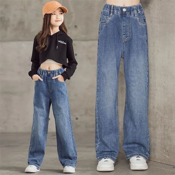 Spring Kids Jeans 39Y Cute Girls Solid Color Loose Wide Leg Pants Childrens Outwear Denim Trousers 250902BJ