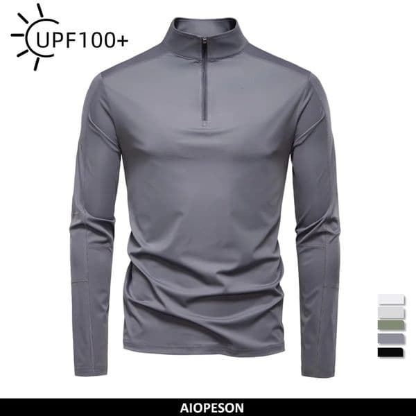 AIOPESON Mens UPF100 Sun Protection Long Sleeve Shirt Solid Color Zipper Outdoor Shirts Stand Collar Quick Dry T Shirts 260512