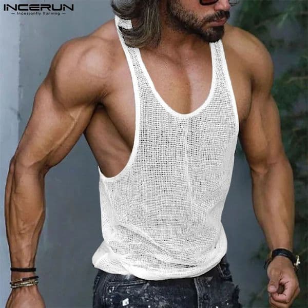 INCERUN Men Tank Tops Mesh Transparent O-neck Sleeveless Sexy Vests Streetwear Summer Breathable Fashion Men Clothing S-5XL 260511