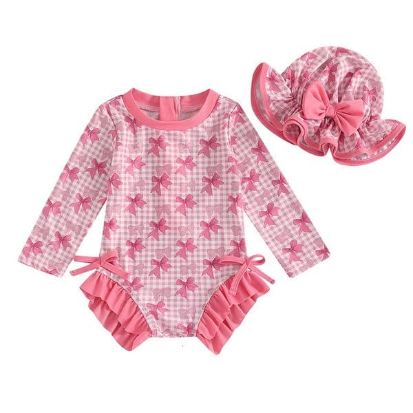 1-4T Children Baby Girl Rash Guard Swimsuit Long Sleeve Bow Plaid Print Bathing Suit Infant Swimwear with Sun Hat 260512