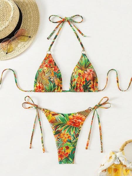Tropical Print Bikini Set Womens 2026 2 Piece Swimsuit Sexy Triangle Halter Backless Thong Swimwear Beach Vacation Wear 260507