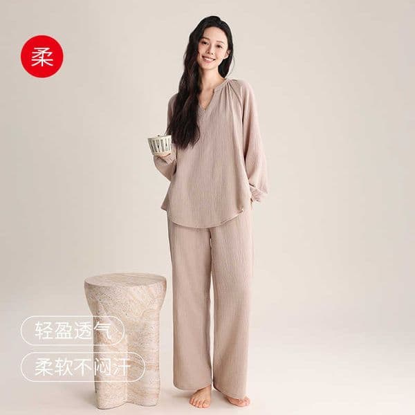 Spring and Summer Womens Double-layer Gauze Pajamas Thin V-neck Pullover Simple Elegant Loose Cotton Suitable for Wearing Outside Homewear Set L260512PXQQ