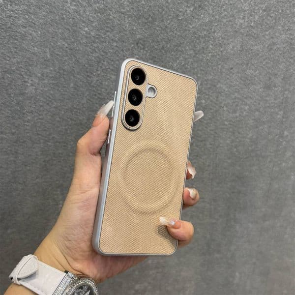 Dele Is Suitable for Samsung Galaxy Phone Orange and Yellow Denim Pattern, Magnetic Suction, Plus Fine Hole Electroplated Plain Leather, S25 High-End Niche