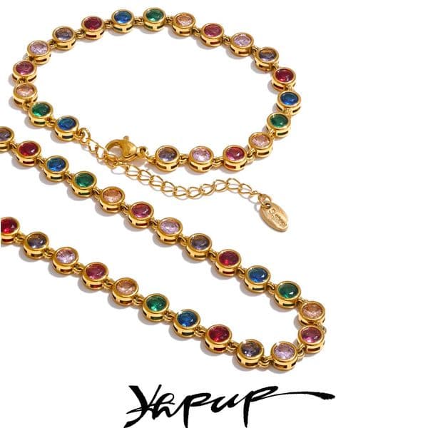 Yhpup Exquisite Colorful Cubic Zirconia y Cast Chain Necklace Bracelet for Women Stainless Steel Waterproof Jewelry Gift 260509