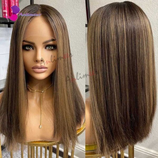 Highlight Brown Silk Base Wig Human Hair Glueless Human Hair Wigs With Brown Roots 200 Density Lace Front Wigs Short Bob Wigs C260521