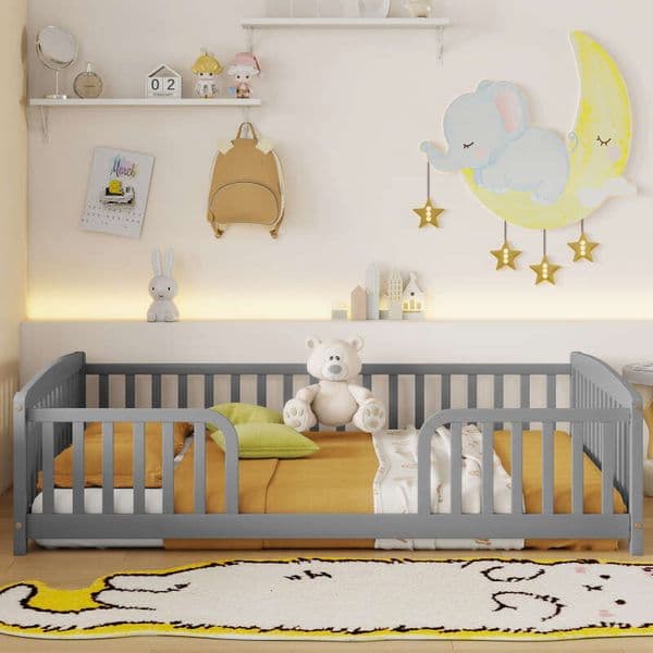 Full Size Fence Bed Central Entrance,Pine Wood Floor bed with Guardrails,Grey