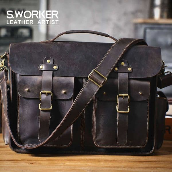 SWORKER Vintage Genuine Leather Mens Briefcase 16 Laptop Bags Crazy Horse Leather Messenger Handbag Cowhide Idea Gift For Men H260513